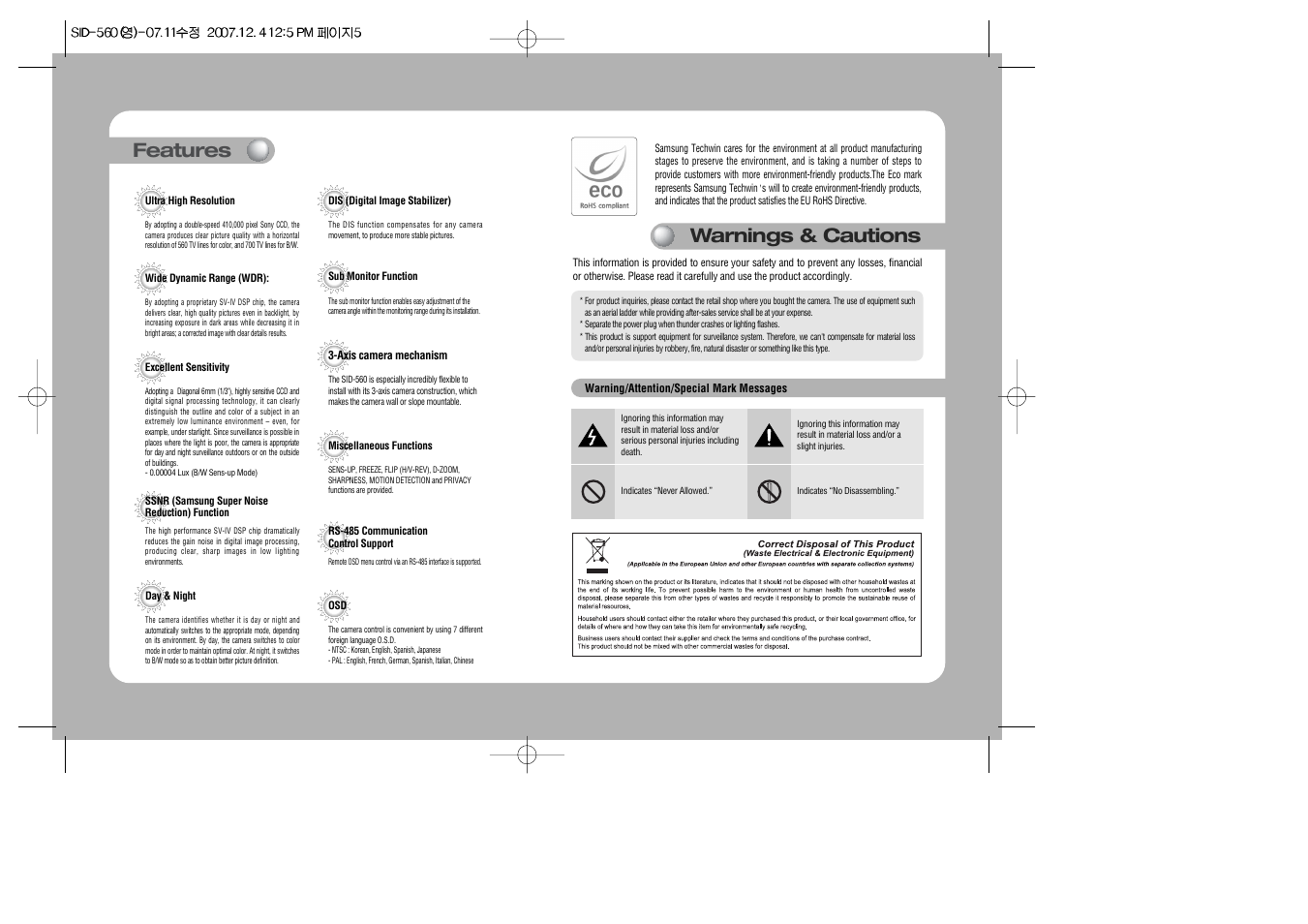 Features, Warnings & cautions | Samsung SID-560 User Manual | Page 3 / 22