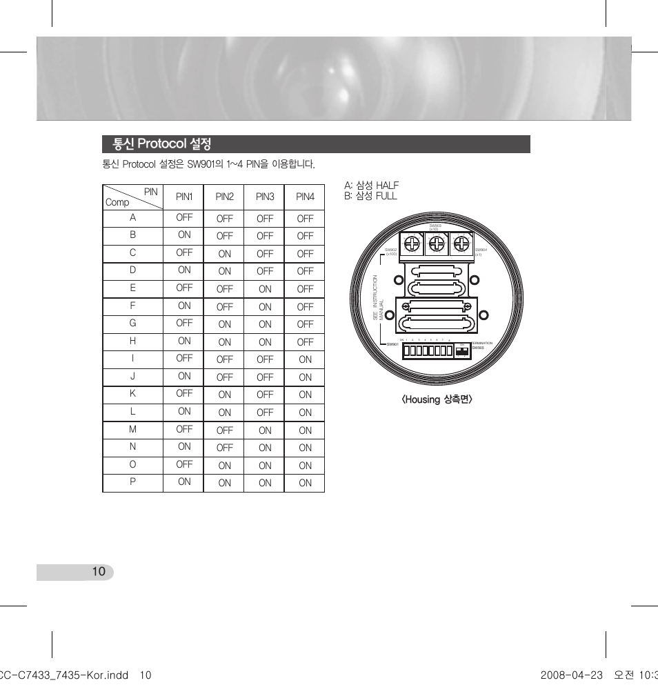 통신 protocol 설정, Housing 상측면 | Samsung SCC-C7433 User Manual | Page 10 / 82