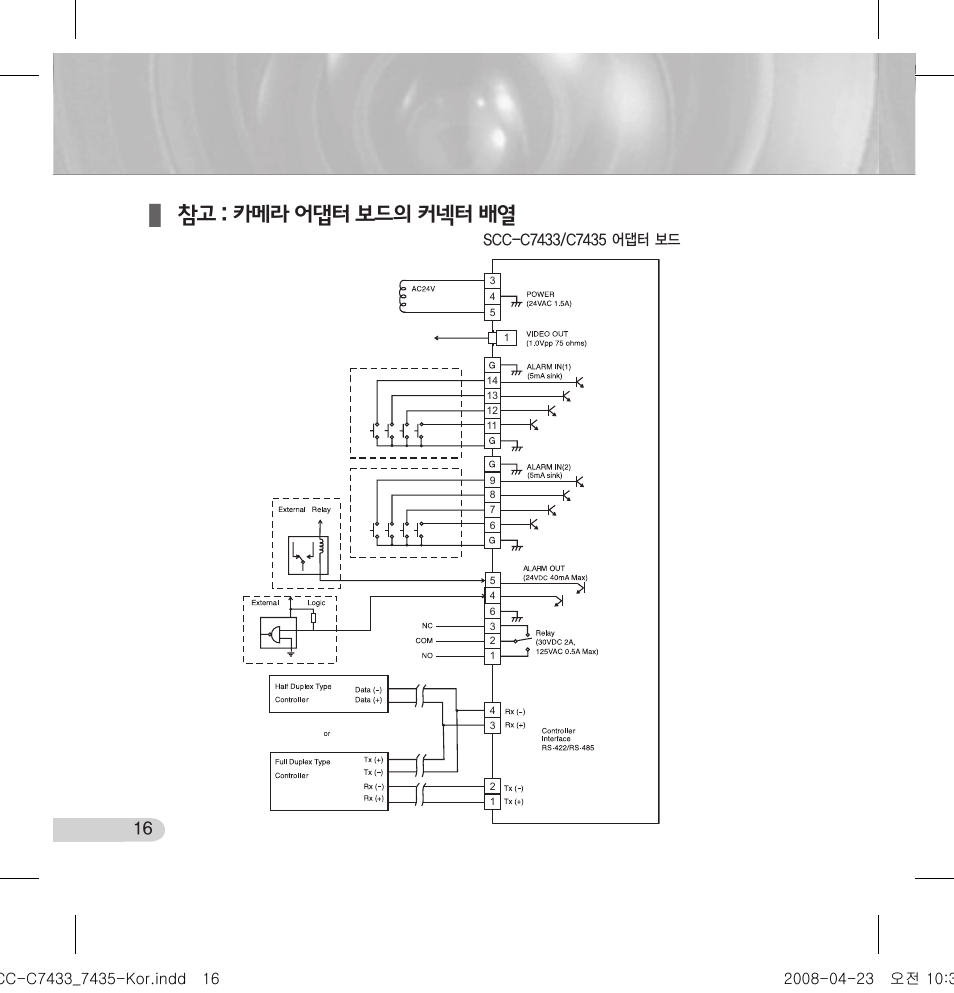 참고 : 카메라 어댑터 보드의 커넥터 배열 | Samsung SCC-C7433 User Manual | Page 16 / 82