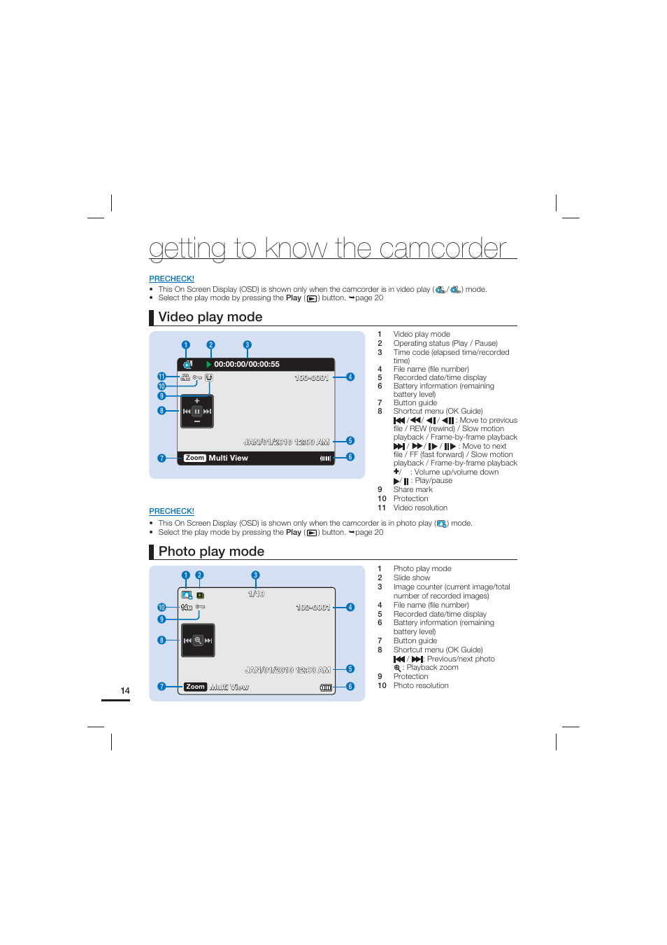 Getting to know the camcorder, Video play mode, Photo play mode | Samsung HMX-U15LN User Manual | Page 24 / 93