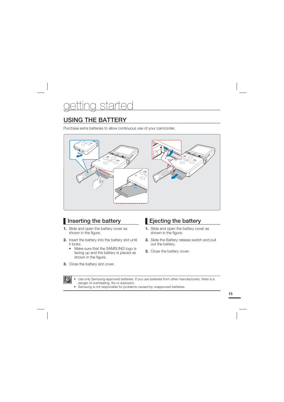 Getting started, Using the battery, Inserting the battery | Ejecting the battery | Samsung HMX-U15LN User Manual | Page 25 / 93