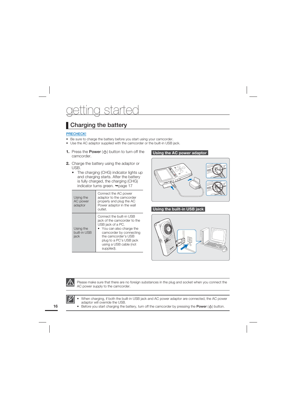 Getting started, Charging the battery | Samsung HMX-U15LN User Manual | Page 26 / 93