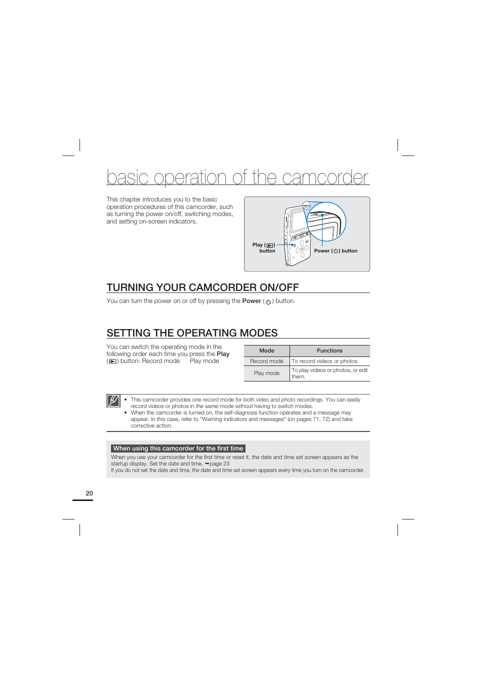 Basic operation of the camcorder, Turning your camcorder on/off, Setting the operating modes | Samsung HMX-U15LN User Manual | Page 30 / 93