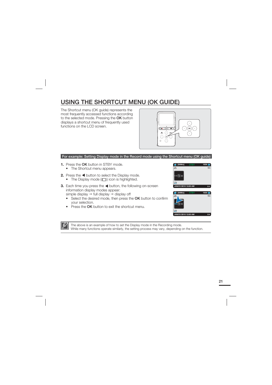 Using the shortcut menu (ok guide) | Samsung HMX-U15LN User Manual | Page 31 / 93