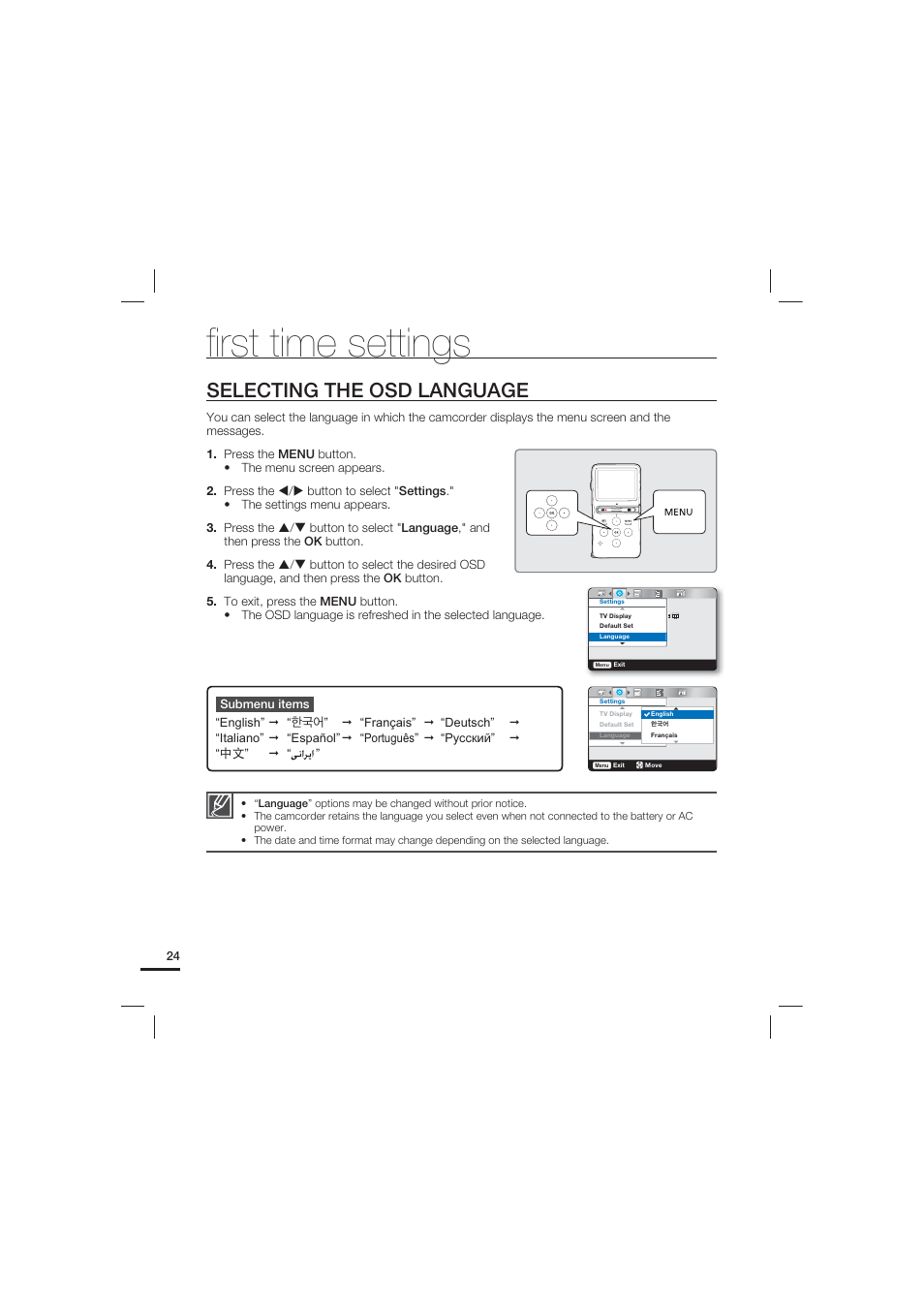 Selecting the osd language, FIrst time settings | Samsung HMX-U15LN User Manual | Page 34 / 93