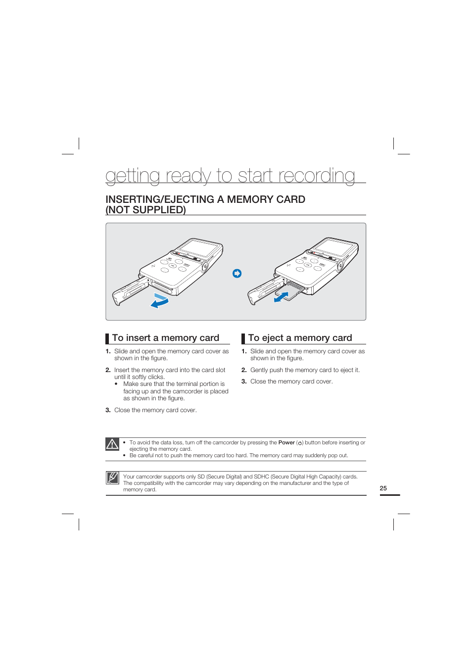 Getting ready to start recording, Inserting/ejecting a memory card (not supplied) | Samsung HMX-U15LN User Manual | Page 35 / 93