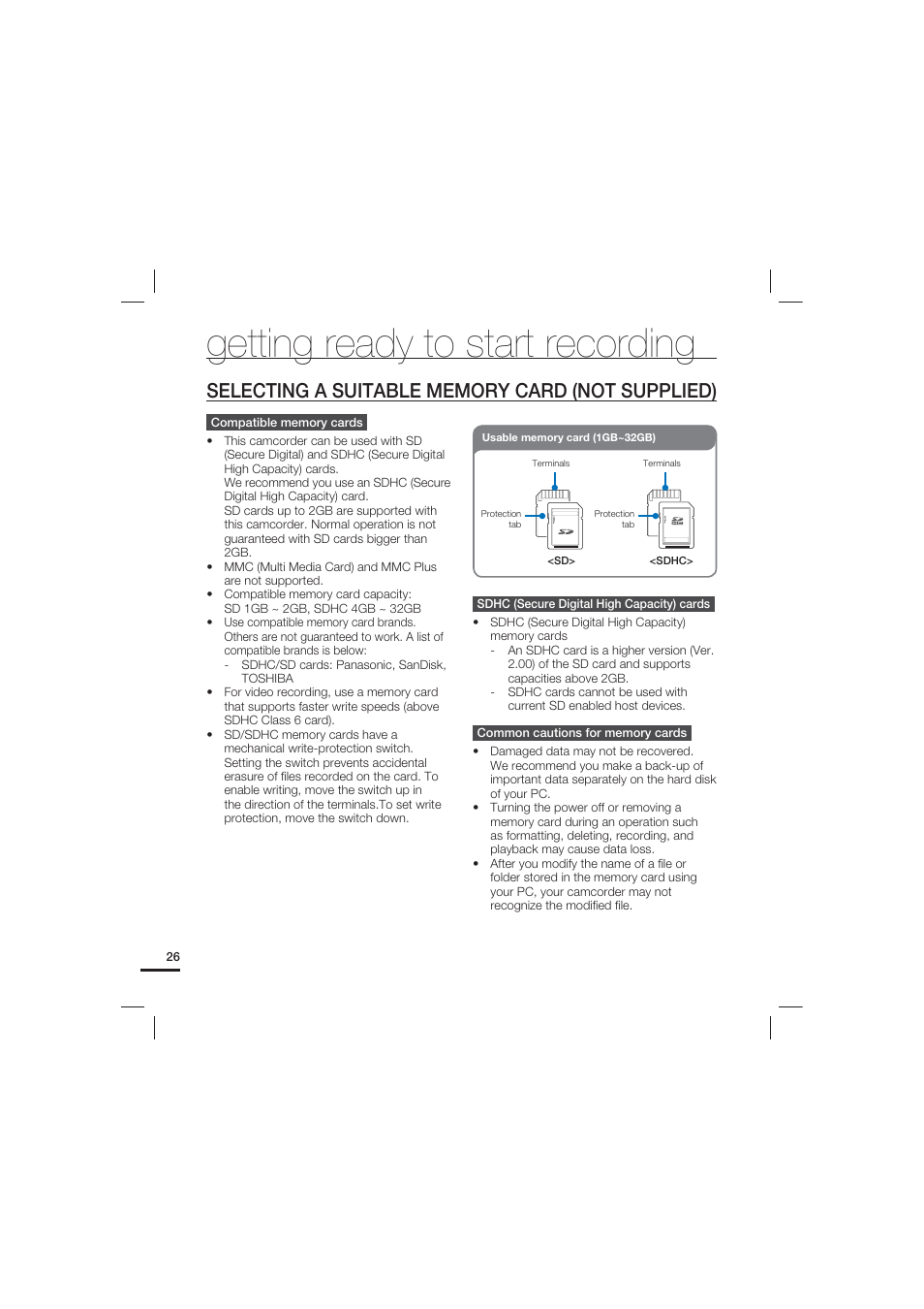 Selecting a suitable memory card (not supplied), Getting ready to start recording | Samsung HMX-U15LN User Manual | Page 36 / 93