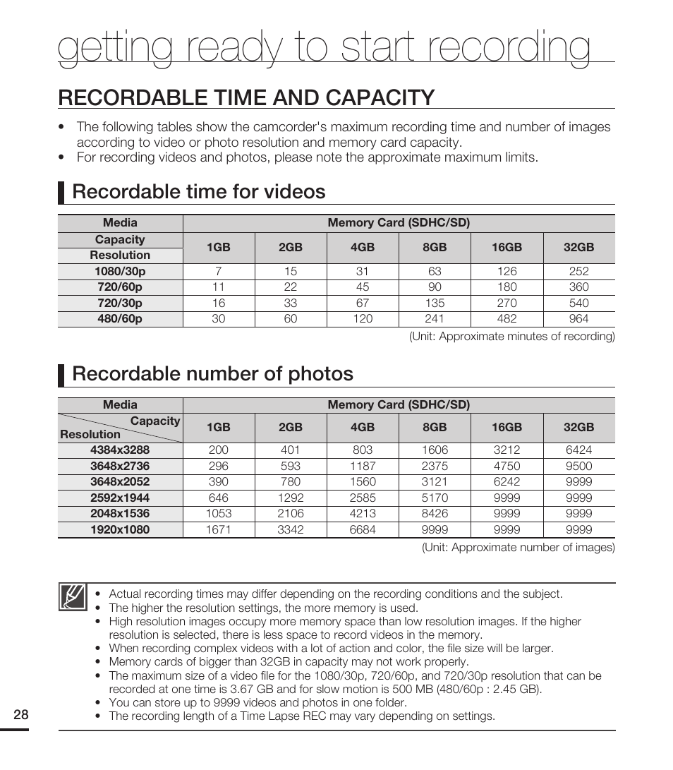 Recordable time and capacity, Getting ready to start recording | Samsung HMX-U15LN User Manual | Page 38 / 93