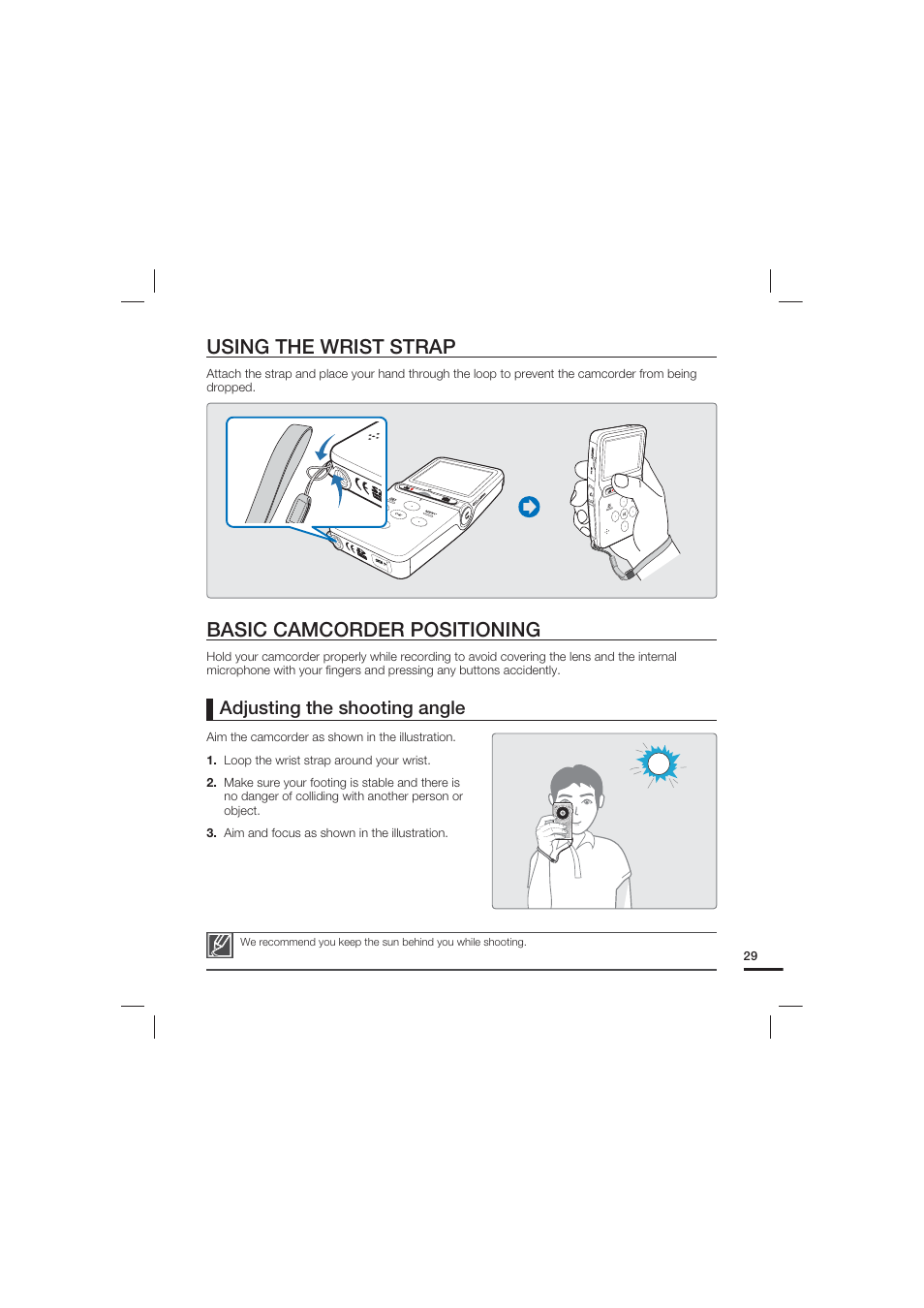 Using the wrist strap, Basic camcorder positioning, Adjusting the shooting angle | Samsung HMX-U15LN User Manual | Page 39 / 93