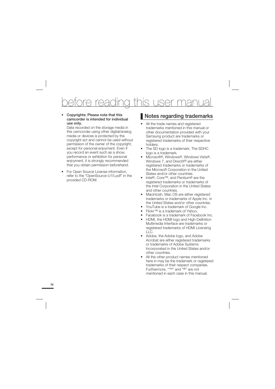 Before reading this user manual | Samsung HMX-U15LN User Manual | Page 4 / 93