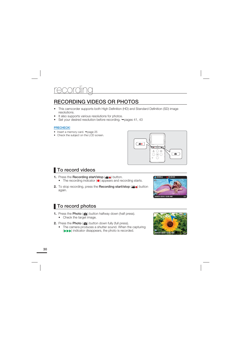 Recording, Recording videos or photos | Samsung HMX-U15LN User Manual | Page 40 / 93