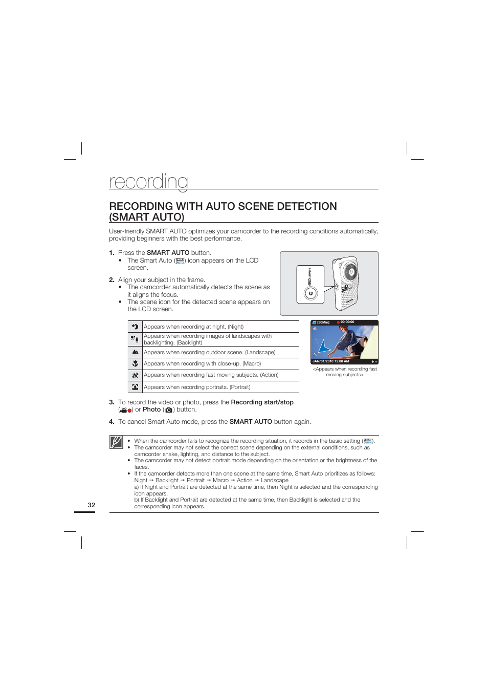 Recording with auto scene detection (smart auto), Recording | Samsung HMX-U15LN User Manual | Page 42 / 93