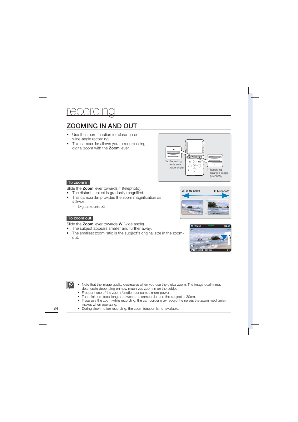 Zooming in and out, Recording | Samsung HMX-U15LN User Manual | Page 44 / 93