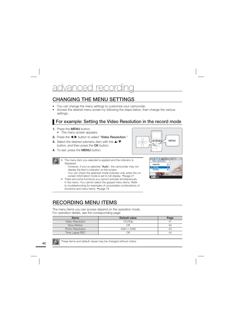 Advanced recording, Changing the menu settings, Recording menu items | Samsung HMX-U15LN User Manual | Page 50 / 93