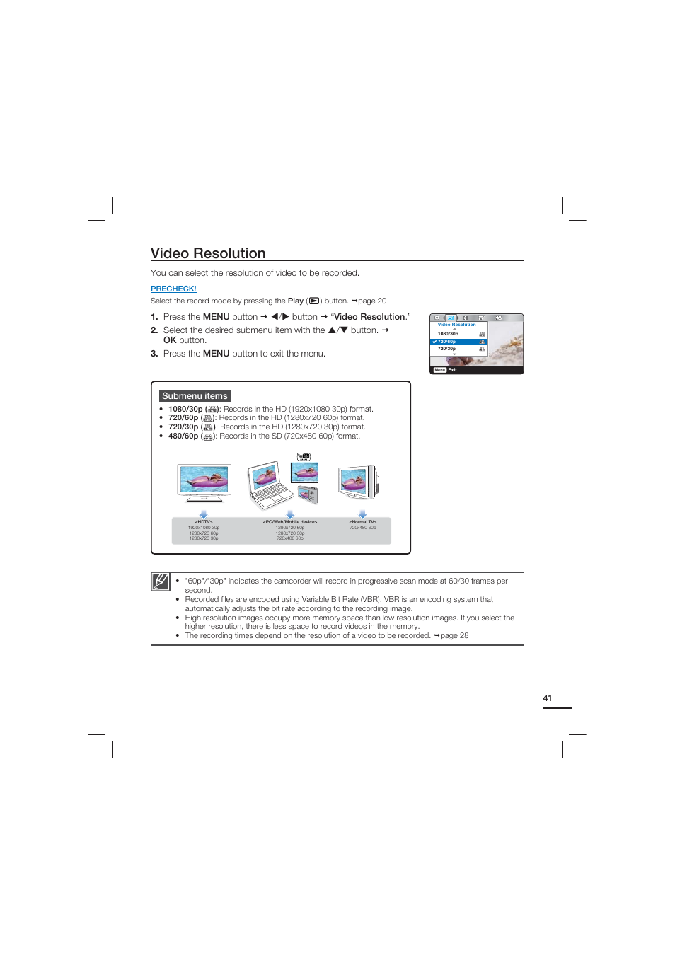 Video resolution | Samsung HMX-U15LN User Manual | Page 51 / 93