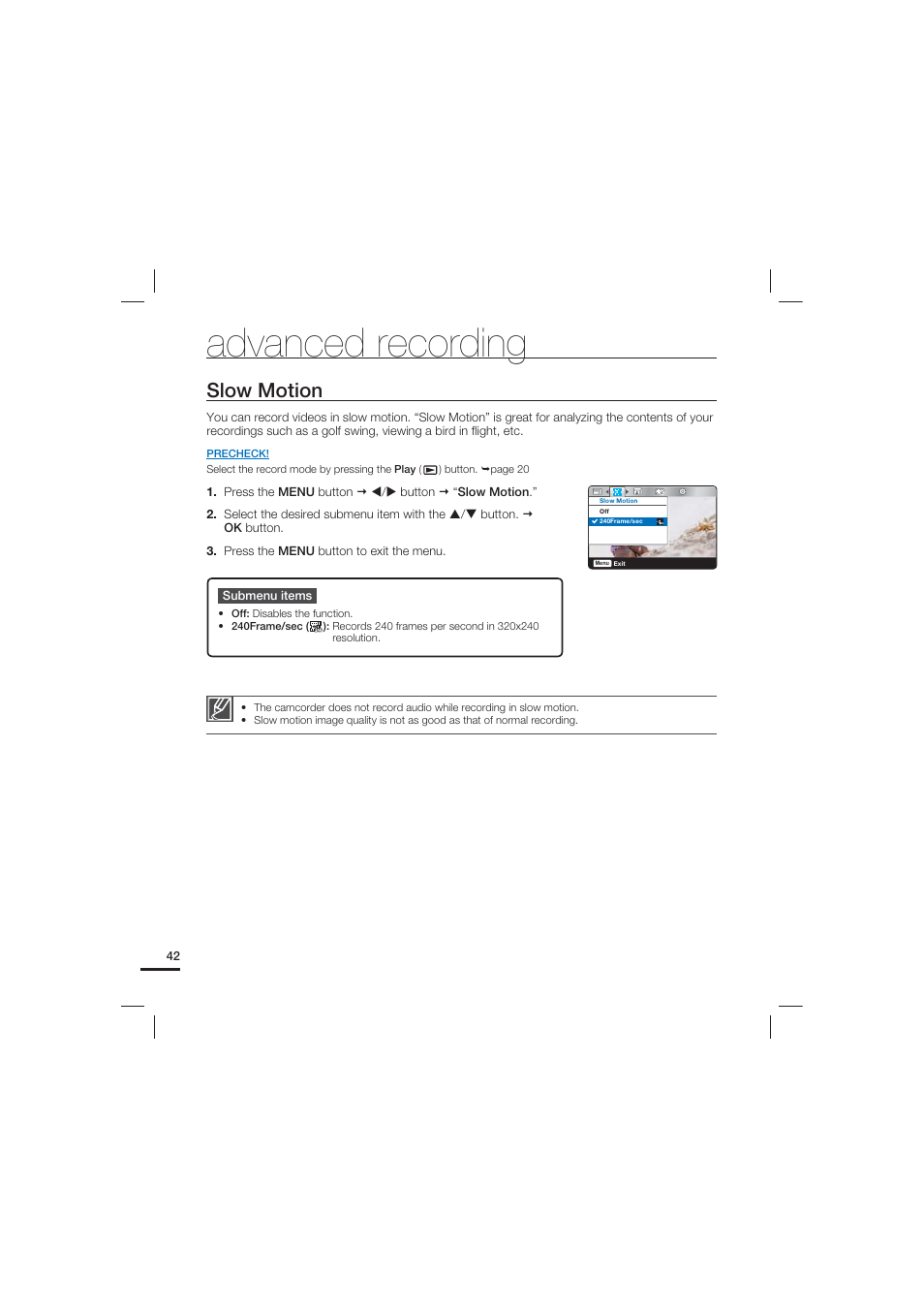 Slow motion, Advanced recording | Samsung HMX-U15LN User Manual | Page 52 / 93