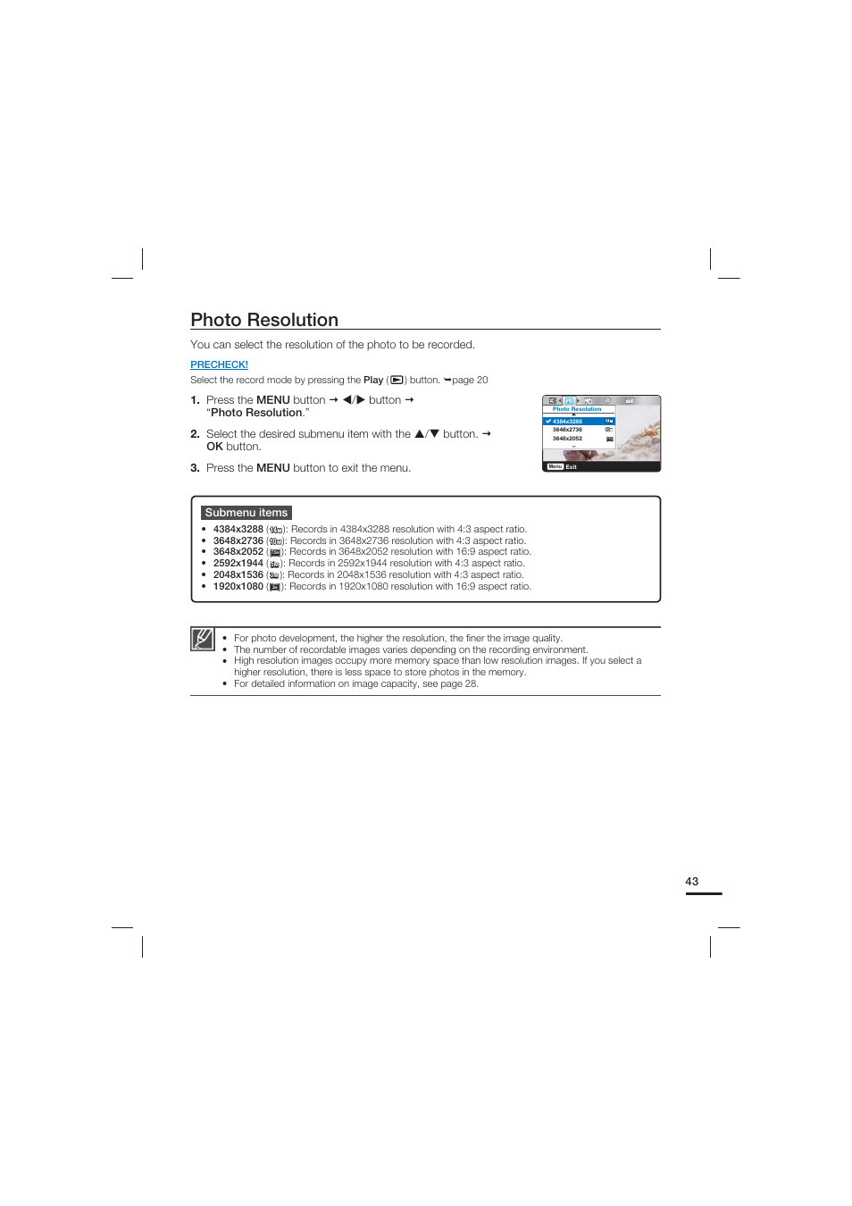 Photo resolution | Samsung HMX-U15LN User Manual | Page 53 / 93