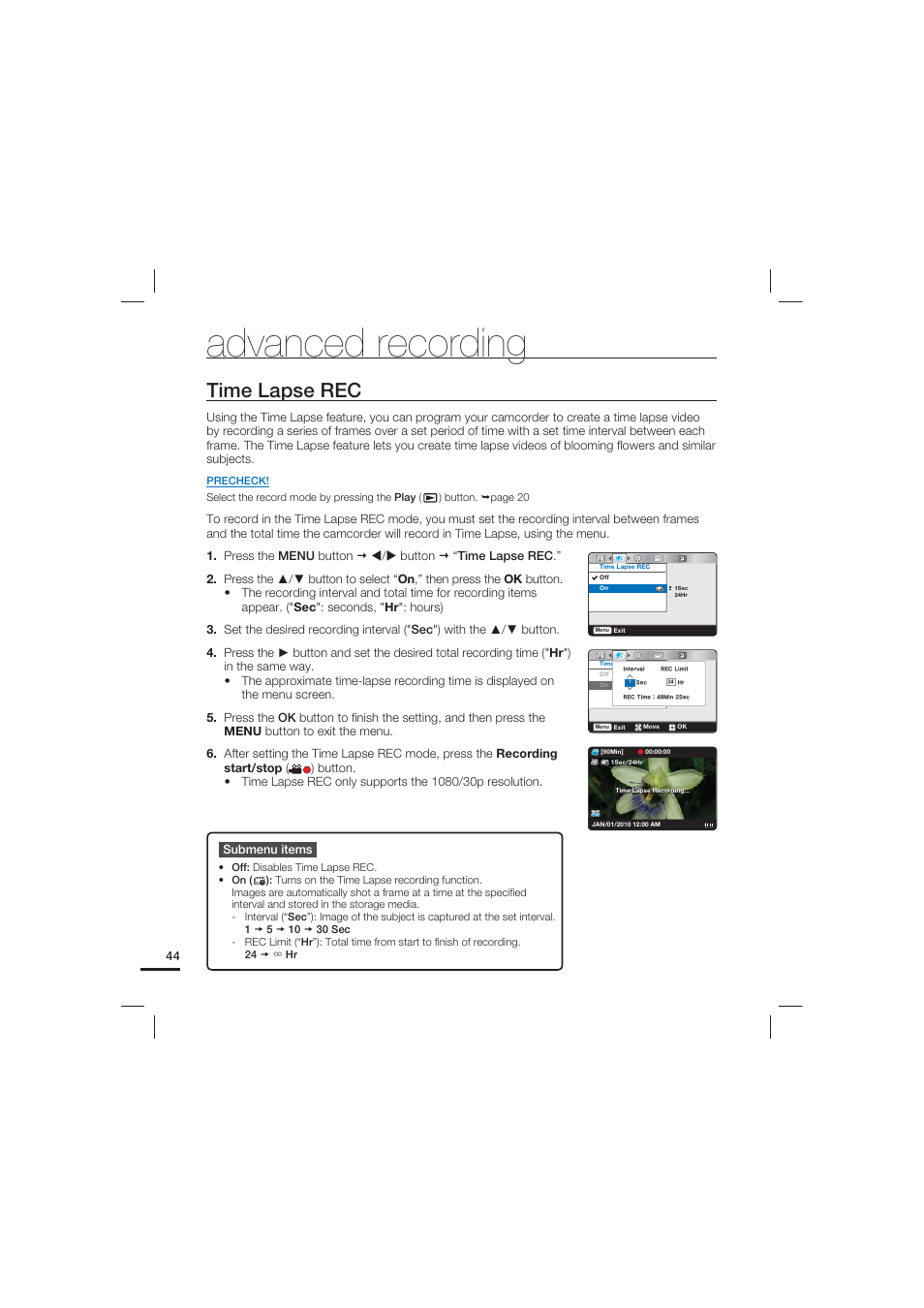 Time lapse rec, Advanced recording | Samsung HMX-U15LN User Manual | Page 54 / 93