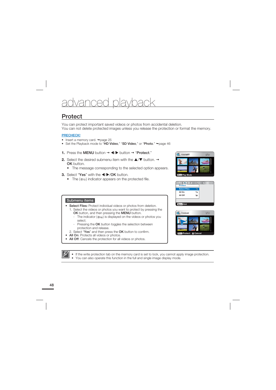 Protect, Advanced playback | Samsung HMX-U15LN User Manual | Page 58 / 93