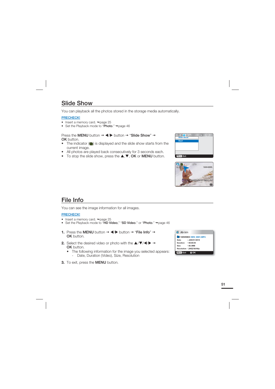 Slide show, File info | Samsung HMX-U15LN User Manual | Page 61 / 93