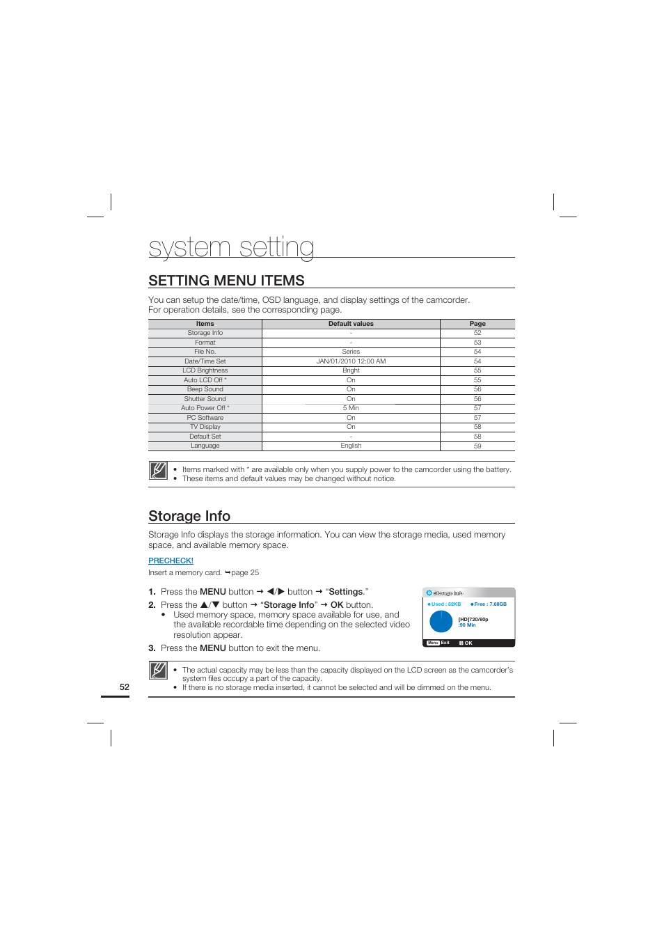 System setting, Setting menu items, Storage info | Samsung HMX-U15LN User Manual | Page 62 / 93