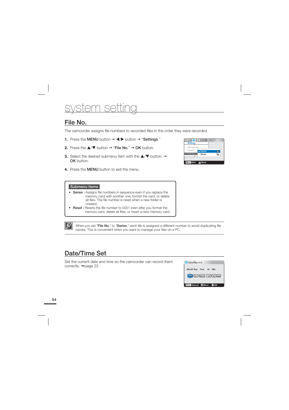 File no, Date/time set, System setting | Samsung HMX-U15LN User Manual | Page 64 / 93