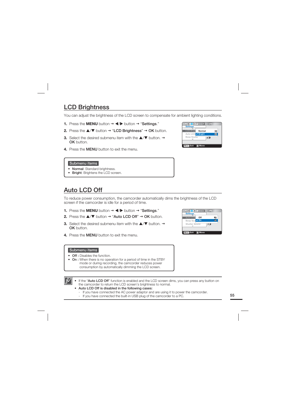 Lcd brightness, Auto lcd off | Samsung HMX-U15LN User Manual | Page 65 / 93