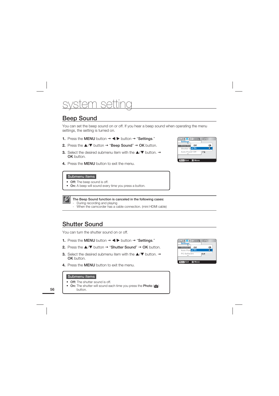Beep sound, Shutter sound, System setting | Samsung HMX-U15LN User Manual | Page 66 / 93