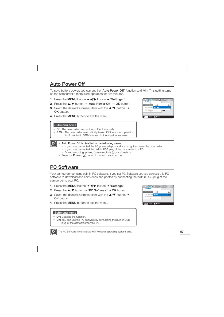 Auto power off, Pc software | Samsung HMX-U15LN User Manual | Page 67 / 93