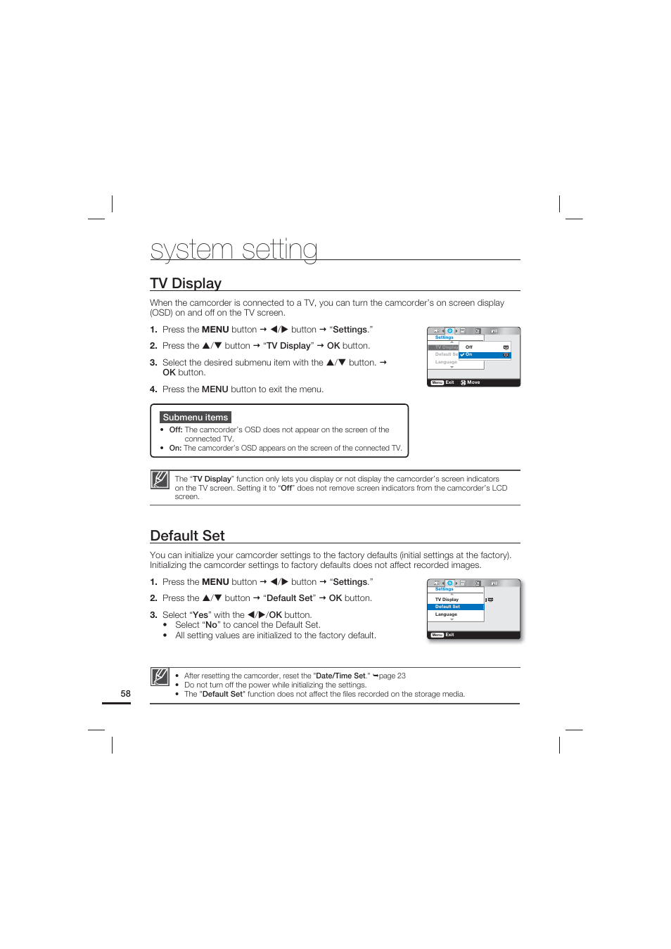 Tv display, Default set, System setting | Samsung HMX-U15LN User Manual | Page 68 / 93