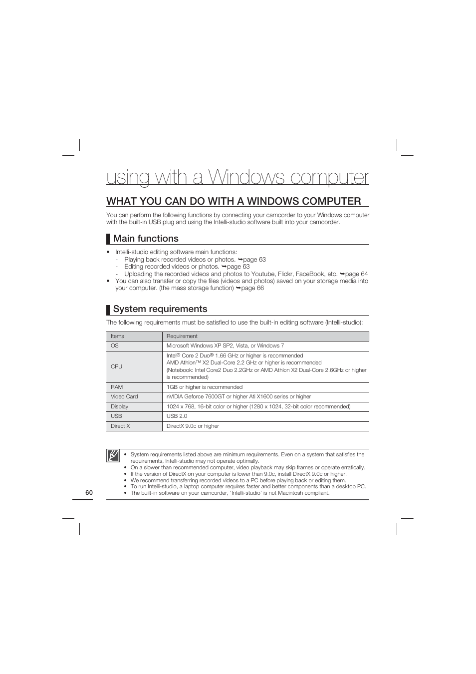 Using with a windows computer, What you can do with a windows computer, System requirements | Main functions | Samsung HMX-U15LN User Manual | Page 70 / 93