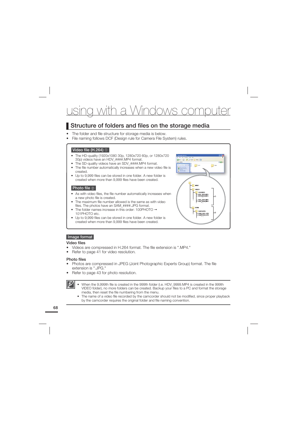 Using with a windows computer, Structure of folders and ﬁles on the storage media | Samsung HMX-U15LN User Manual | Page 78 / 93