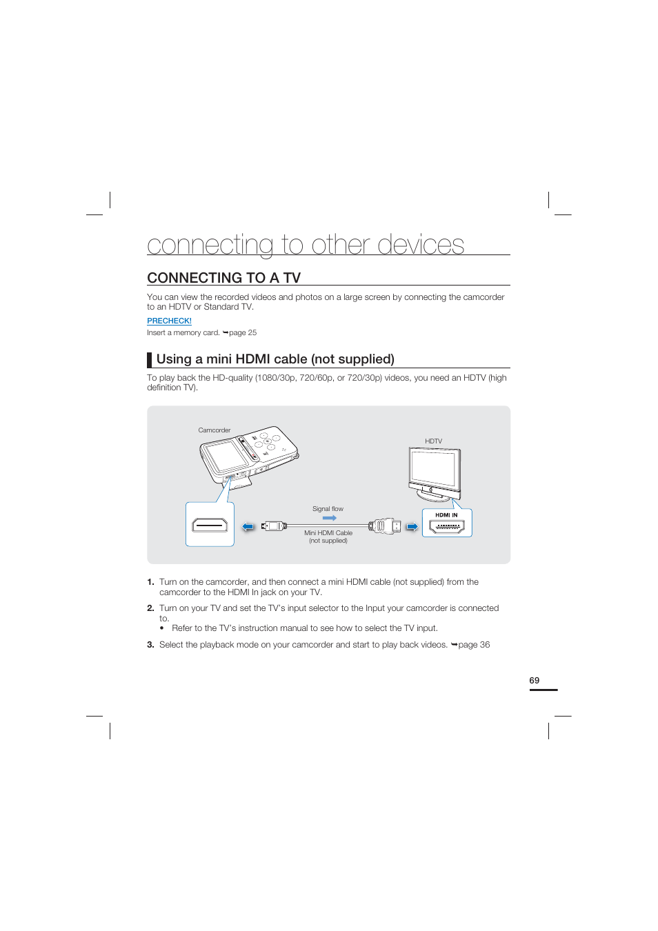 Connecting to other devices, Connecting to a tv, Using a mini hdmi cable (not supplied) | Samsung HMX-U15LN User Manual | Page 79 / 93