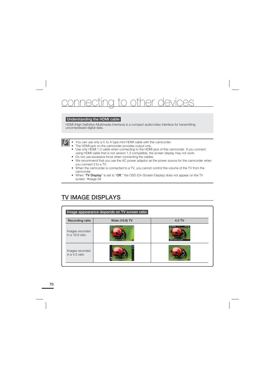 Tv image displays, Connecting to other devices | Samsung HMX-U15LN User Manual | Page 80 / 93