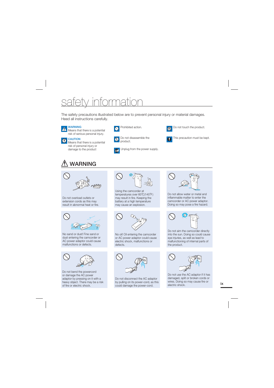 Safety information, Warning | Samsung HMX-U15LN User Manual | Page 9 / 93
