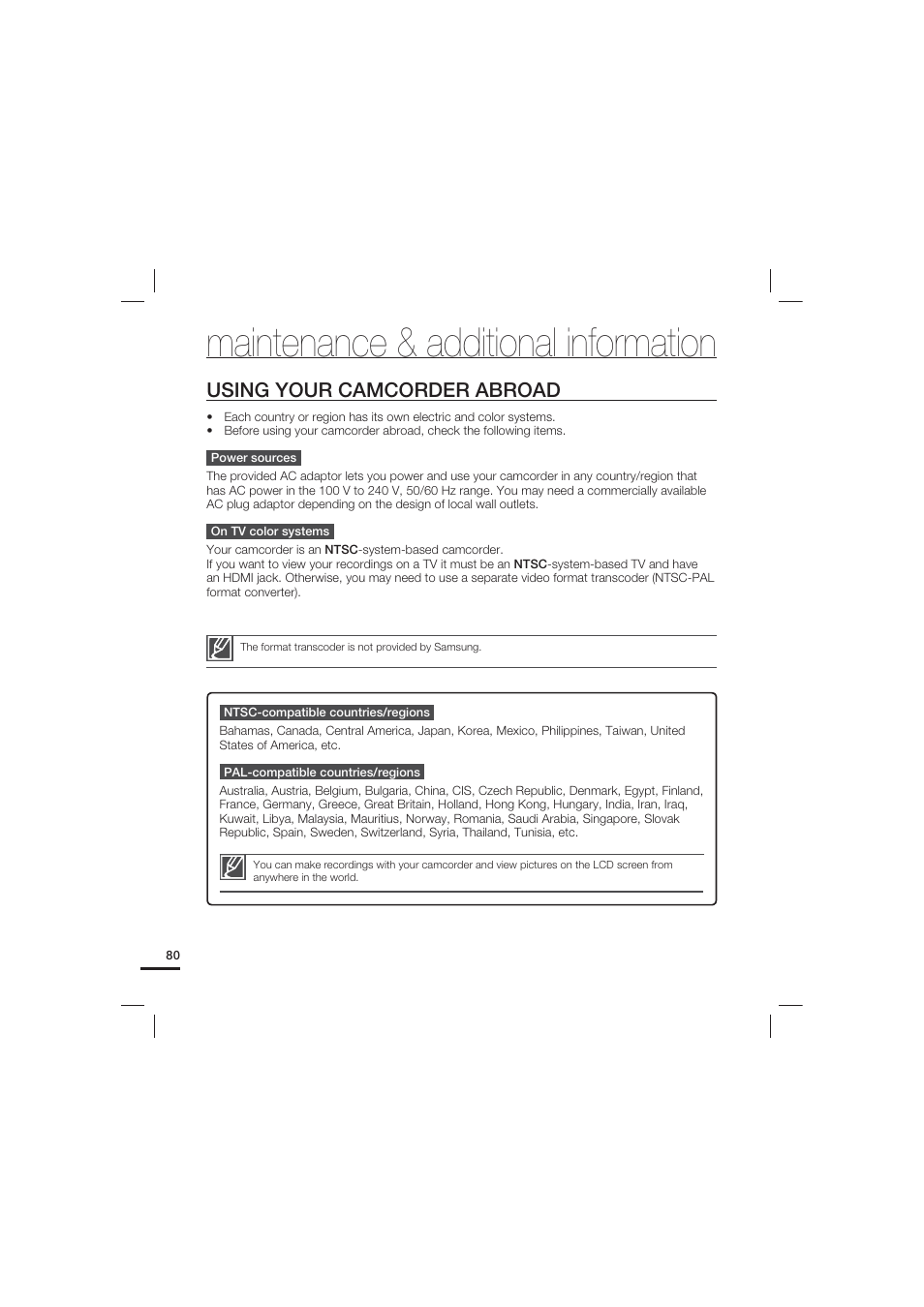 Using your camcorder abroad, Maintenance & additional information | Samsung HMX-U15LN User Manual | Page 90 / 93