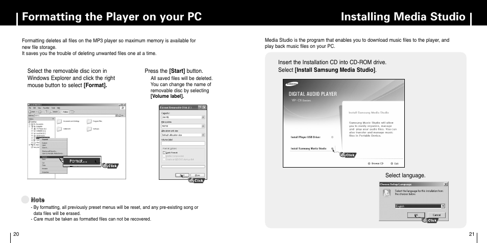 Formatting the player on your pc, Installing media studio | Samsung YP-C1X User Manual | Page 11 / 36