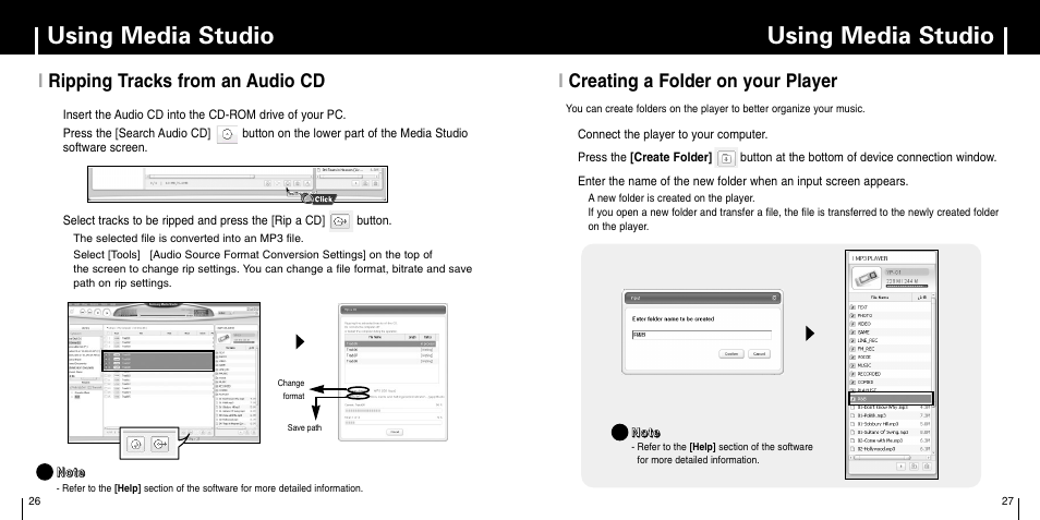 Using media studio, Iripping tracks from an audio cd, Icreating a folder on your player | Samsung YP-C1X User Manual | Page 14 / 36