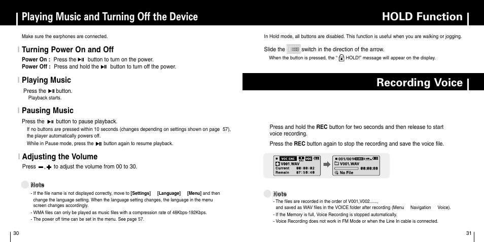 Playing music and turning off the device, Hold function, Recording voice | Iturning power on and off, Iadjusting the volume, Iplaying music, Ipausing music | Samsung YP-C1X User Manual | Page 16 / 36