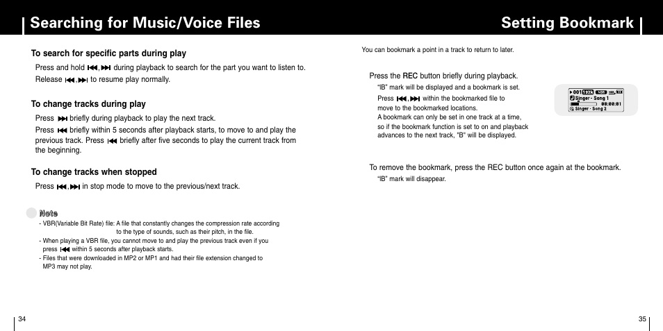 Searching for music/voice files, Setting bookmark, Setting bookmark searching for music/voice files | Samsung YP-C1X User Manual | Page 18 / 36