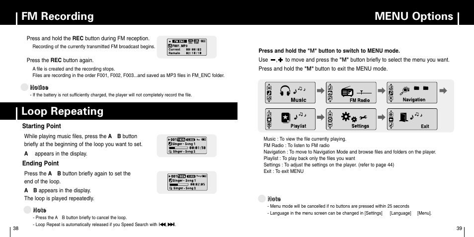 Fm recording, Loop repeating, Menu options | Samsung YP-C1X User Manual | Page 20 / 36