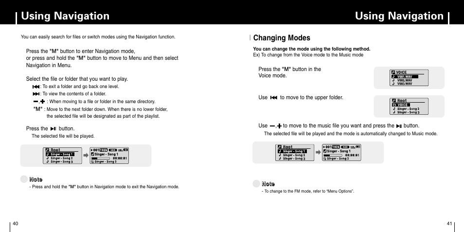 Using navigation, Ichanging modes | Samsung YP-C1X User Manual | Page 21 / 36