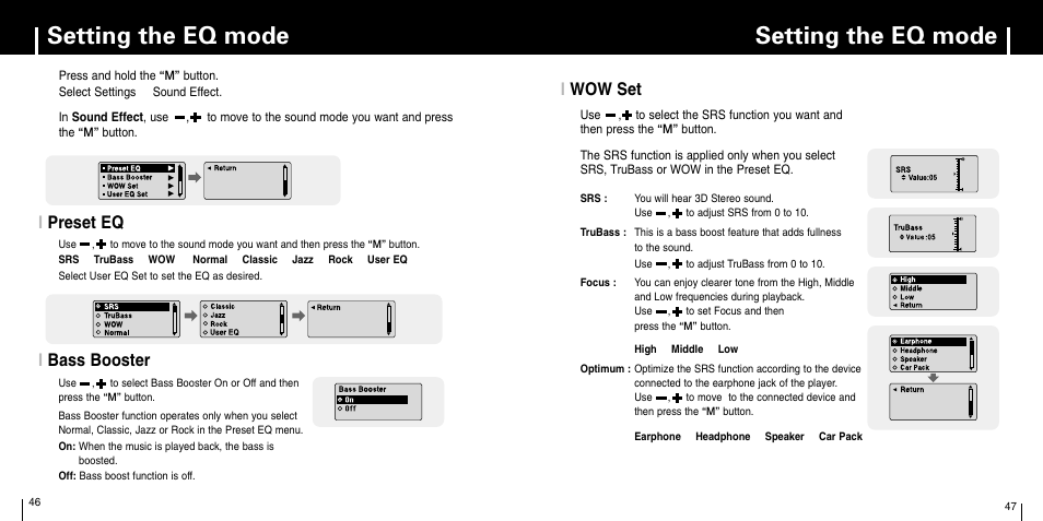 Setting the eq mode, Preset eq, Bass booster | Wow set, Ipreset eq i wow set, Ibass booster | Samsung YP-C1X User Manual | Page 24 / 36