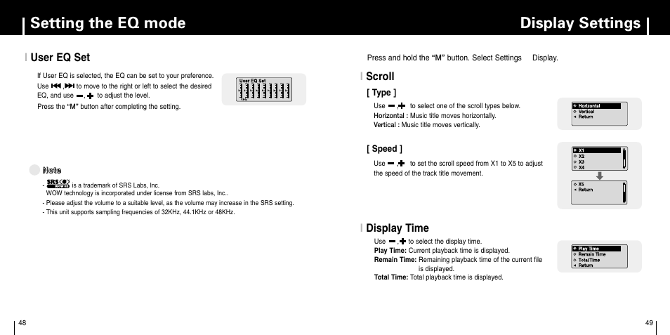 User eq set, Scroll, Display time | Display settings setting the eq mode, Iuser eq set, Idisplay time, Iscroll | Samsung YP-C1X User Manual | Page 25 / 36