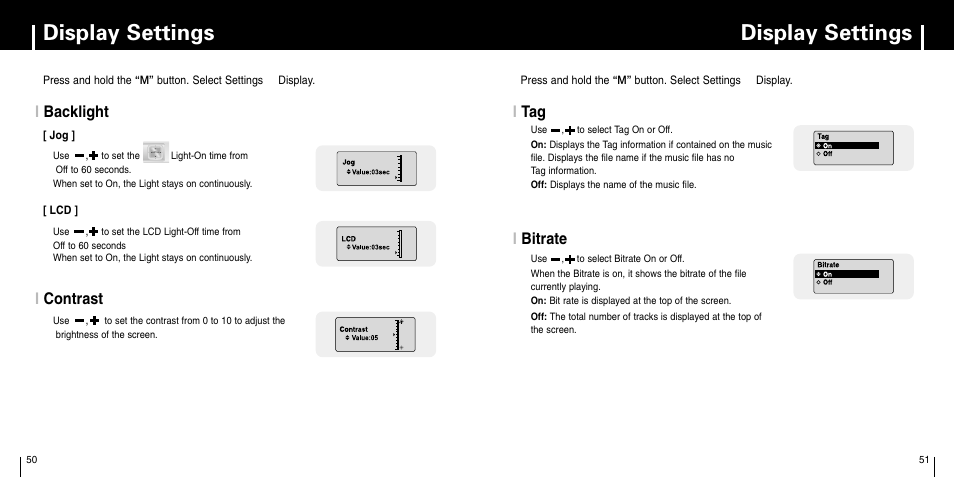 Backlight, Bitrate, Display settings | Ibacklight i tag i bitrate i contrast | Samsung YP-C1X User Manual | Page 26 / 36