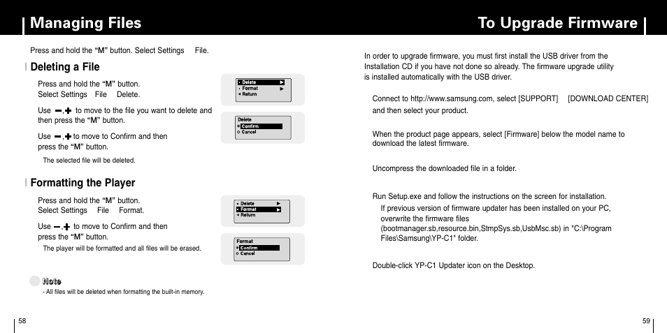 Managing files, To upgrade firmware | Samsung YP-C1X User Manual | Page 30 / 36