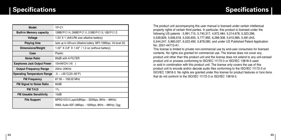 Specifications | Samsung YP-C1X User Manual | Page 33 / 36