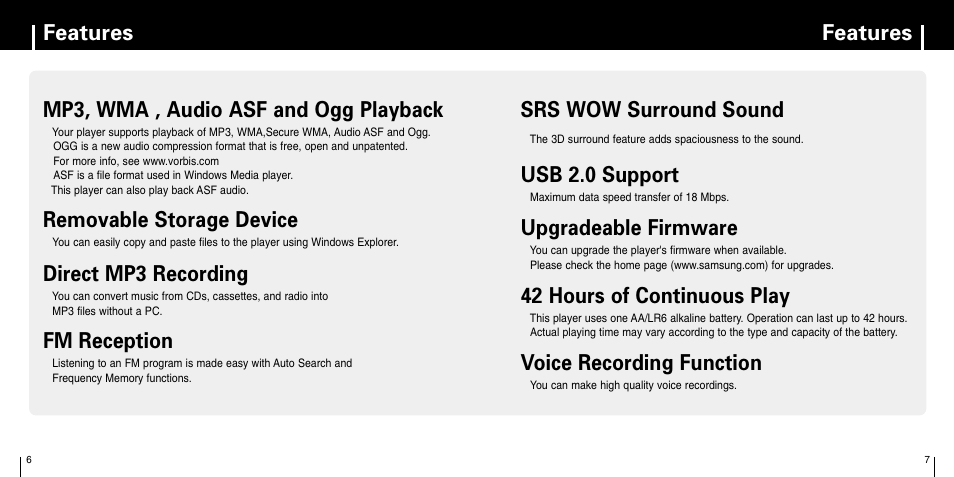 Features, Mp3, wma , audio asf and ogg playback, Removable storage device | Direct mp3 recording, Fm reception, Srs wow surround sound, Usb 2.0 support, Upgradeable firmware, 42 hours of continuous play, Voice recording function | Samsung YP-C1X User Manual | Page 4 / 36