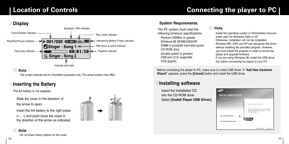 Connecting the player to pc, Connecting the player to pc location of controls, Idisplay i inserting the battery | Installing software | Samsung YP-C1X User Manual | Page 6 / 36