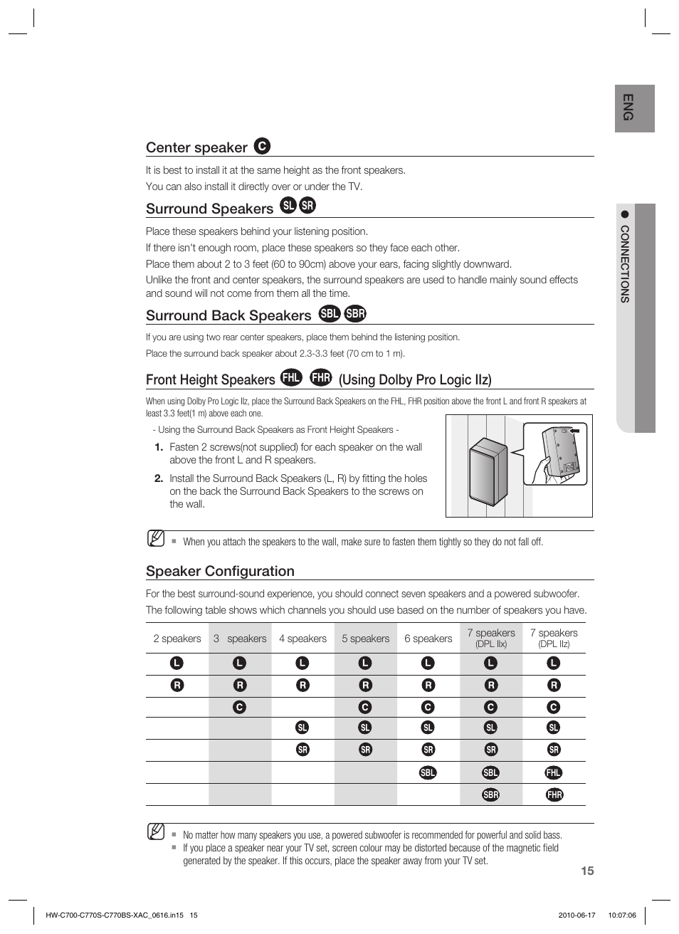 Center speaker, Surround speakers, Surround back speakers | Front height speakers, Using dolby pro logic iiz), Speaker conﬁ guration | Samsung C770BS-XAC User Manual | Page 15 / 60